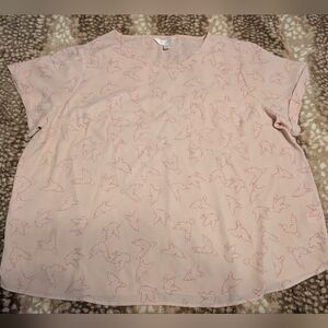 Lauren Conrad Pink Bird Dove Print Sheer Pocket Tee Blouse XXL